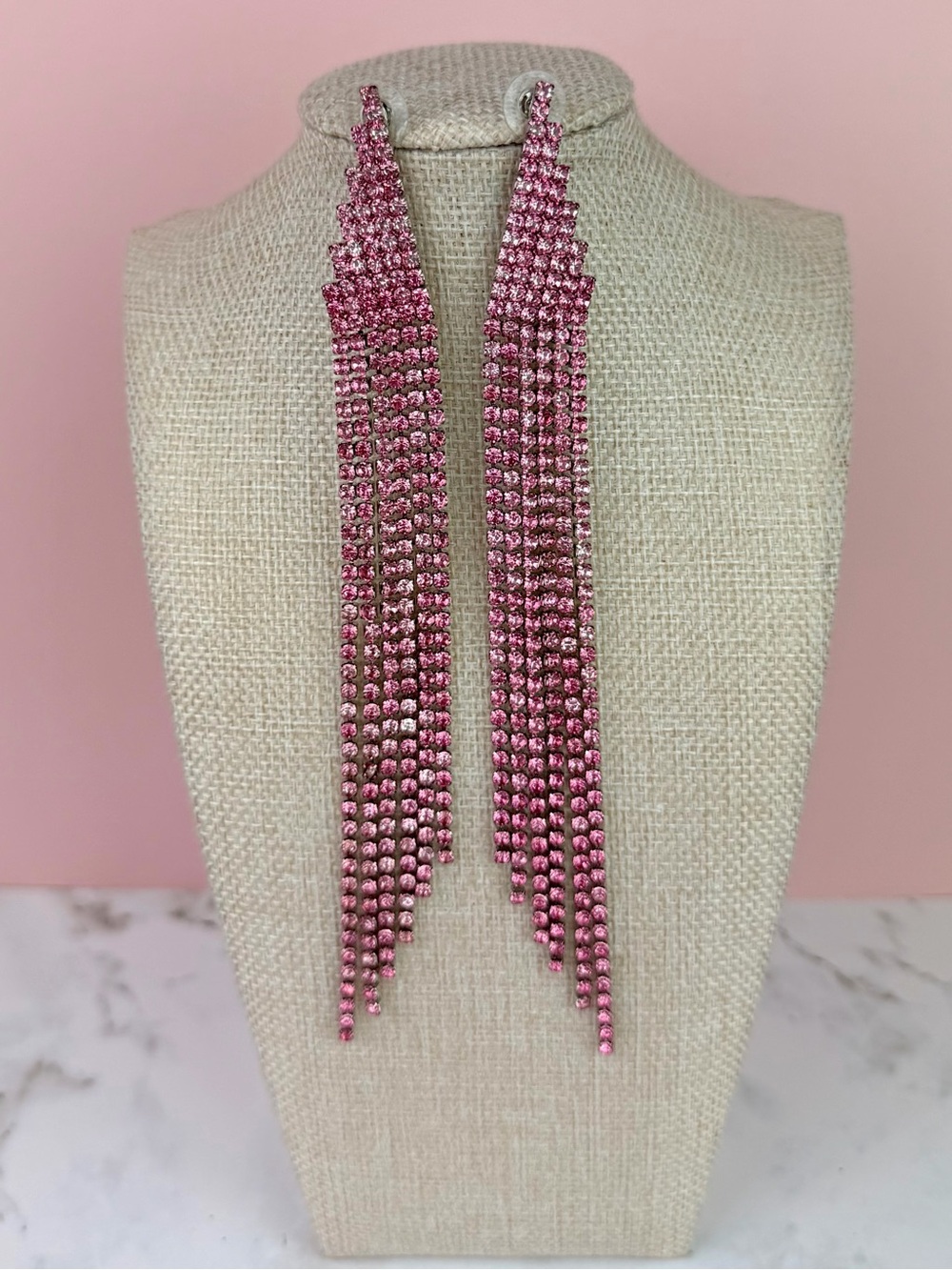 Pink Rhinestone Waterfall Duster Earrings Extra Long 6.75” Sparkle